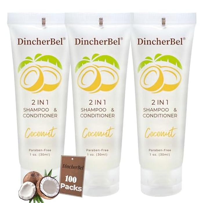 DincherBel Travel Size 2 in 1 Shampoo & Conditioner, Refreshing Tropical Coconut Scent Shampoo Amenities - Small Hotel Toiletries in Bulk (1 Fl Oz, 100 Pack) - Image 1