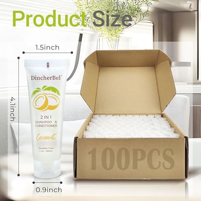 DincherBel Travel Size 2 in 1 Shampoo & Conditioner, Refreshing Tropical Coconut Scent Shampoo Amenities - Small Hotel Toiletries in Bulk (1 Fl Oz, 100 Pack) - Image 3