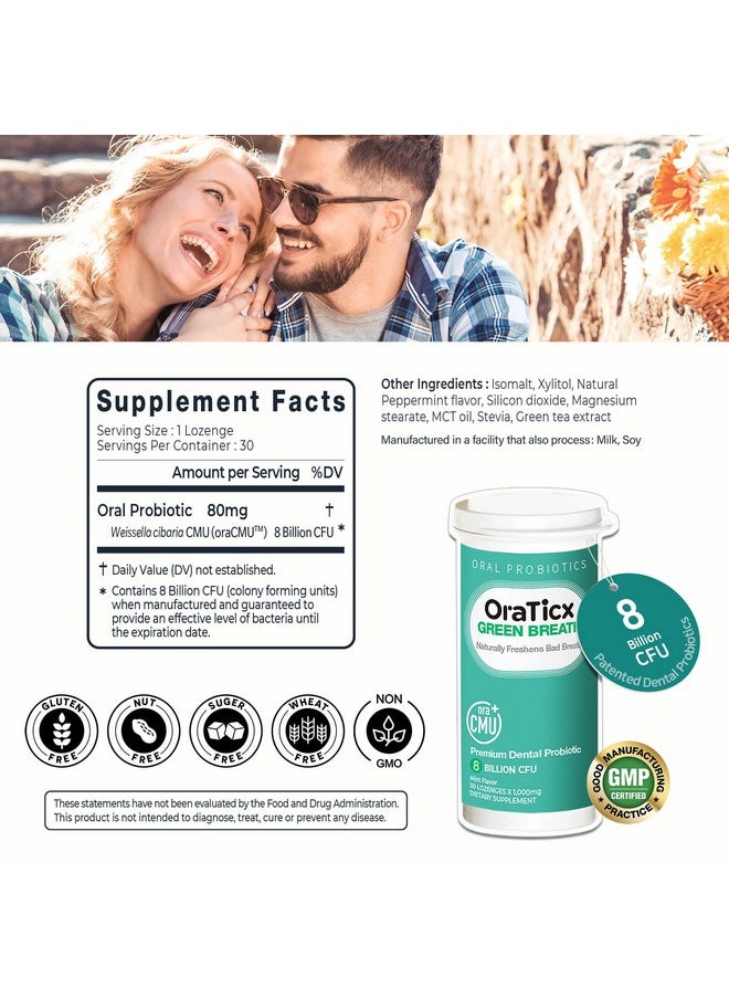OraTicx - Green Breath Oral Care Probiotics, Naturally Support Freshens Bad Breath & Healthy Mouth, Dental Probiotic Supplement 8 Billion Cfu, Mint Flavor 30 Lozenges 1-Pk - Image 1