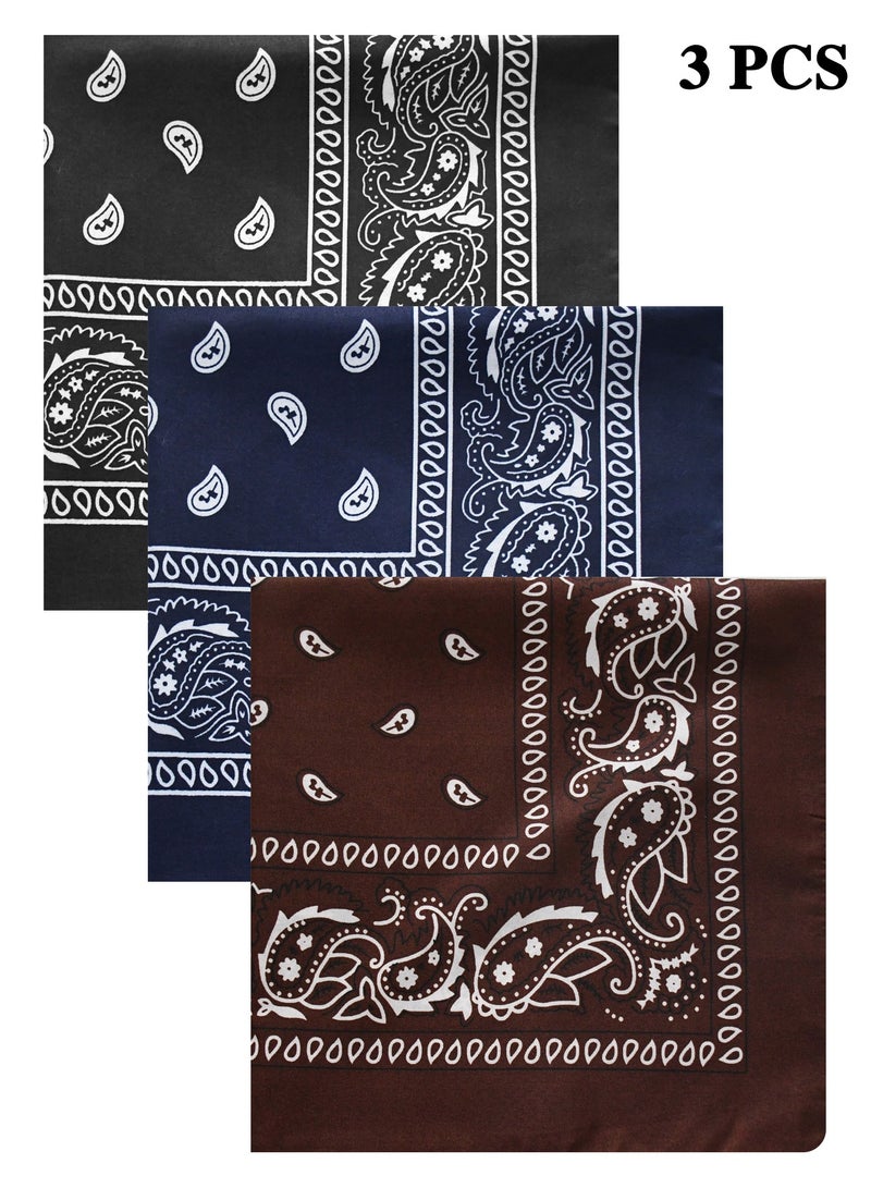 3 PCS Paisley Print Bandanas Multi-Purpose Assorted Cowboy Bandanas Unisex Head Wrap Scarf Wristband for Adults and Kids 54cmx54cm Black,Dark blue,dark brown - Image 1