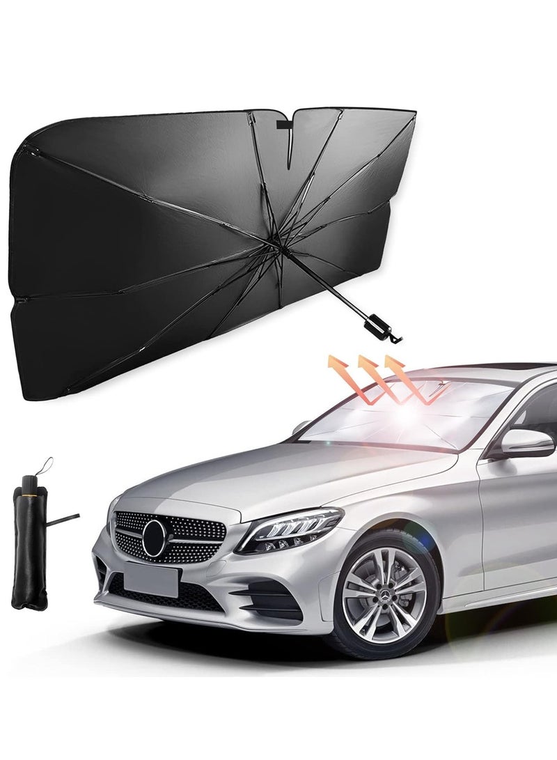 QSHOP ®Car Windshield Sun Shade Umbrella, UV Rays Sun Shade for Car, Foldable Sun Visor Cover for Most Cars with Leather Storage Pocket  - Image 1