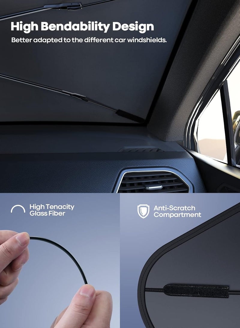 QSHOP ®Car Windshield Sun Shade Umbrella, UV Rays Sun Shade for Car, Foldable Sun Visor Cover for Most Cars with Leather Storage Pocket  - Image 4