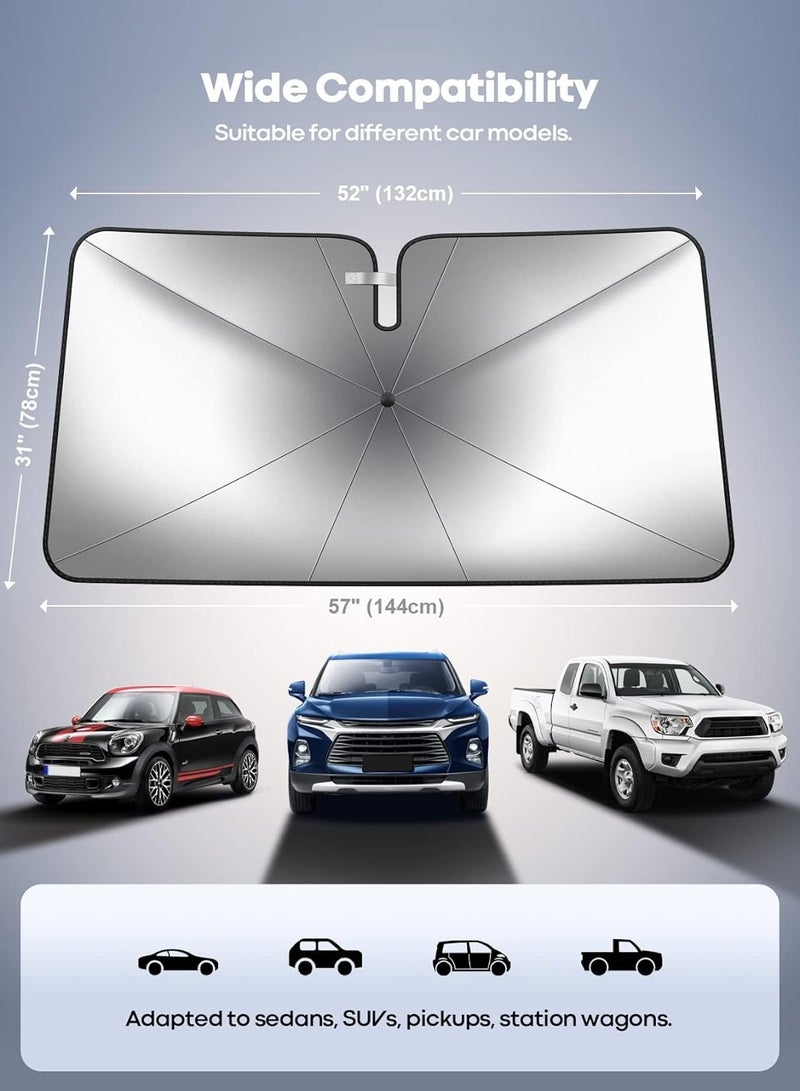 QSHOP ®Car Windshield Sun Shade Umbrella, UV Rays Sun Shade for Car, Foldable Sun Visor Cover for Most Cars with Leather Storage Pocket  - Image 5
