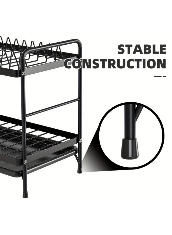 2-Tier Black Dish Drying Rack, Large Capacity Rust-Proof Kitchen Organizer with Cutting Board Holder & Drainboard Set - Image 5