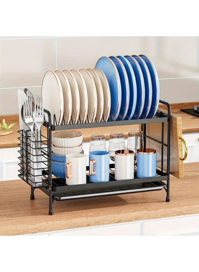 2-Tier Black Dish Drying Rack, Large Capacity Rust-Proof Kitchen Organizer with Cutting Board Holder & Drainboard Set - Image 4