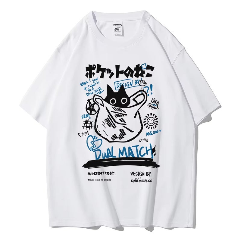 Unisex 2024 Harajuku Kawakami Cat Printed Short-Sleeved T-Shirt Couples Street Casual Loose Clothes Y2K Top - Image 2