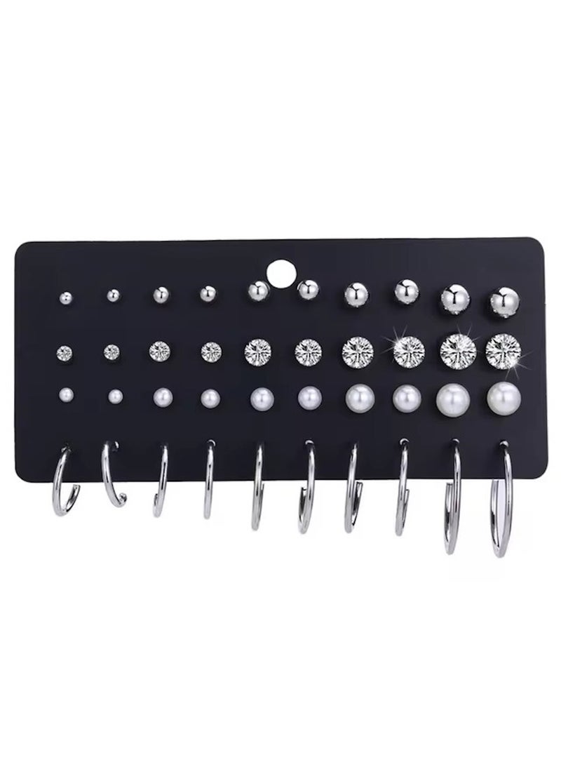 Huitich Elegant Silver-Tone Hoop & Stud Earrings Set – 20 Pairs with Crystal Accents  - Image 1