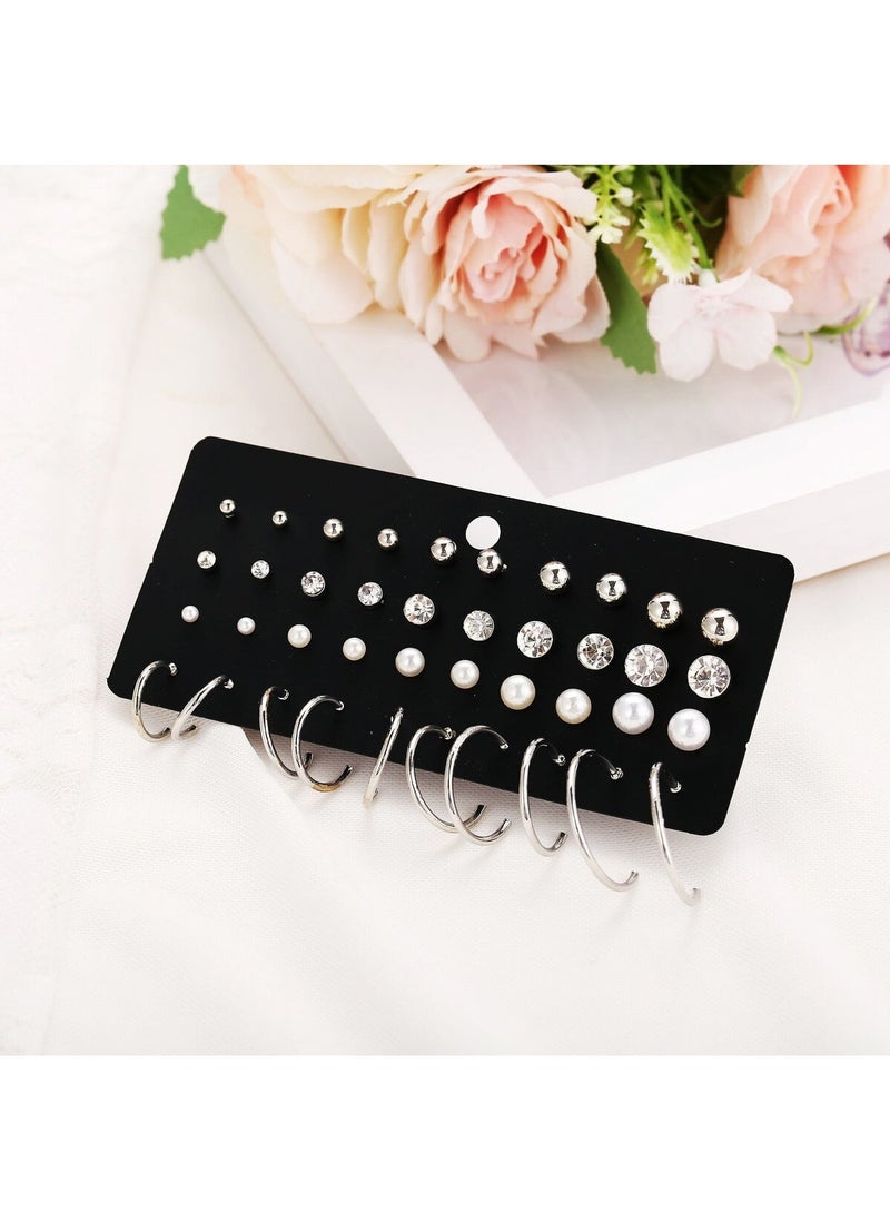 Huitich Elegant Silver-Tone Hoop & Stud Earrings Set – 20 Pairs with Crystal Accents  - Image 3