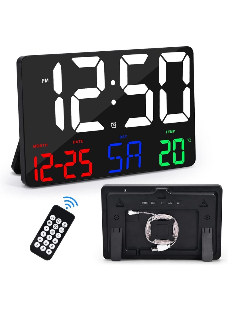 717 LED Clock. Large display digital wall clock. Color LED text calendar alarm clock. Comes with wireless remote control, 4-level adjustable brightness, automatic light sensor dimming, 7-language snooze function, suitable for home/office/classroom/garage. Dimensions: 16×3×25cm - Image 1