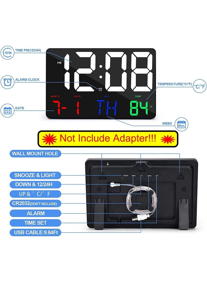 717 LED Clock. Large display digital wall clock. Color LED text calendar alarm clock. Comes with wireless remote control, 4-level adjustable brightness, automatic light sensor dimming, 7-language snooze function, suitable for home/office/classroom/garage. Dimensions: 16×3×25cm - Image 4