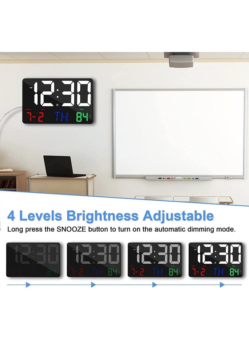 717 LED Clock. Large display digital wall clock. Color LED text calendar alarm clock. Comes with wireless remote control, 4-level adjustable brightness, automatic light sensor dimming, 7-language snooze function, suitable for home/office/classroom/garage. Dimensions: 16×3×25cm - Image 3