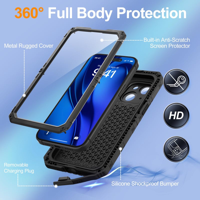 Mitywah Waterproof Case for iPhone 15, Heavy Duty Shockproof Case with Built-in Screen Protector, Full Body Underwater Protective Metal Case 6.1 inch, Black - Image 5
