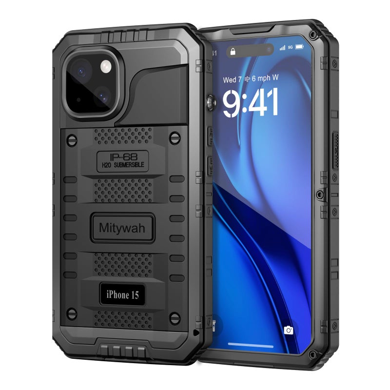 Mitywah Waterproof Case for iPhone 15, Heavy Duty Shockproof Case with Built-in Screen Protector, Full Body Underwater Protective Metal Case 6.1 inch, Black - Image 1