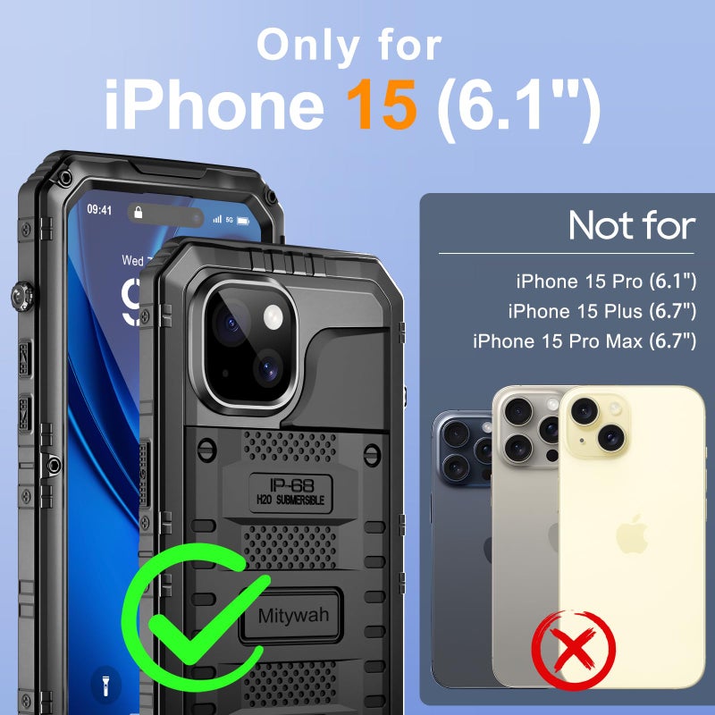 Mitywah Waterproof Case for iPhone 15, Heavy Duty Shockproof Case with Built-in Screen Protector, Full Body Underwater Protective Metal Case 6.1 inch, Black - Image 2