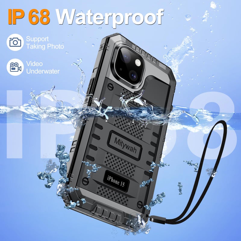 Mitywah Waterproof Case for iPhone 15, Heavy Duty Shockproof Case with Built-in Screen Protector, Full Body Underwater Protective Metal Case 6.1 inch, Black - Image 3