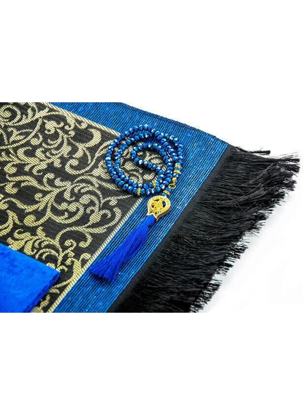 İhvan Online Velvet Covered Yasin Prayer Rug Prayer Beads Boxed Set Navy Blue