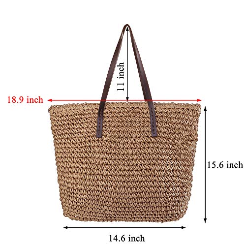 Ayliss Women Straw Woven Tote Large Beach Handmade Weaving Shoulder Bag Purse Straw Handbag (Square Khaki #2) - Image 3