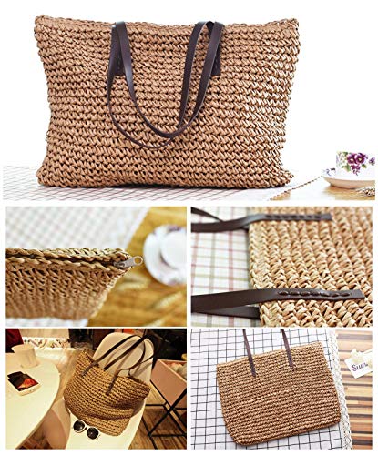 Ayliss Women Straw Woven Tote Large Beach Handmade Weaving Shoulder Bag Purse Straw Handbag (Square Khaki #2) - Image 2