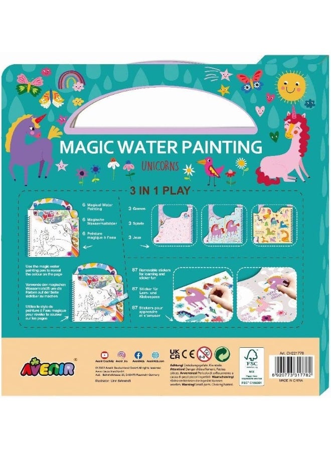 Avenir Magic Water Painting – Unicorns | 6 Reusable Coloring Surfaces, 2 Sheets of Repositionable Stickers, and Refillable Water Pen, Easy to Carry | Kids 3+ - Image 1