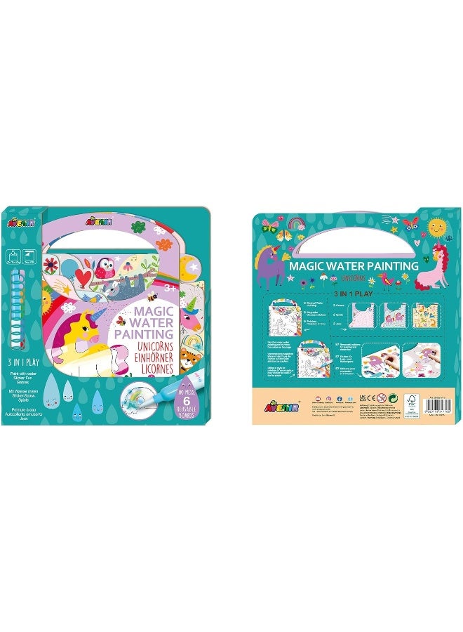 Avenir Magic Water Painting – Unicorns | 6 Reusable Coloring Surfaces, 2 Sheets of Repositionable Stickers, and Refillable Water Pen, Easy to Carry | Kids 3+ - Image 2