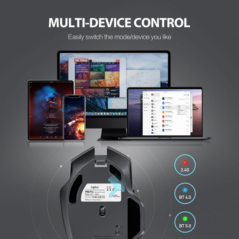INPHIC Bluetooth Mouse Wireless, Tri-Mode, Upgraded Visible Battery, 2400 DPI, Silent Ergonomic Computer Mice, Mac, PC etc.-Gray - Image 5