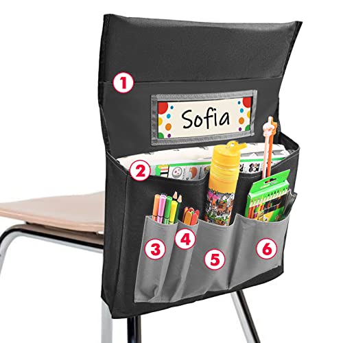 AUVCAS Black Chair Back Pocket School Seat Chair Storage Pocket Organizer with Label Slot Multiple Pockets for School Home Classroom Preschool Daycare - Image 2
