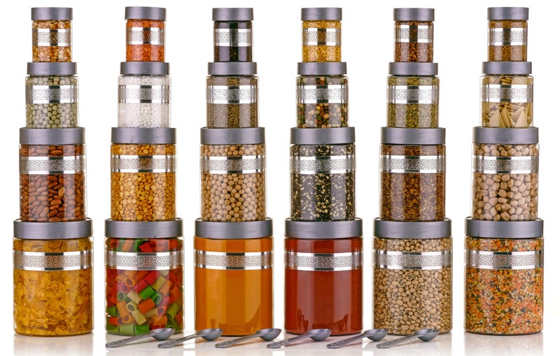 Entisia Kitchen Storage Box - Star Printed Plastic jar containers with Lid & Spoon, 1200ml, 650ml, 350ml & 250ml Food Storage Dabba Jars for Pulses, Snacks, Spices & Dry Fruits (Silver, 24pc) - Image 5