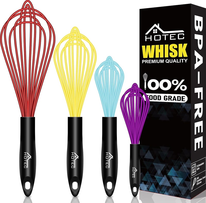 hotec 4 Pieces Silicone Whisks Set, Wire Balloon Whisks Egg Beater, Non-slip Handle Whisk for Non-stick Cookware Perfect for Cooking, Stirring, Beating and Blending (Multicolor) - Image 1
