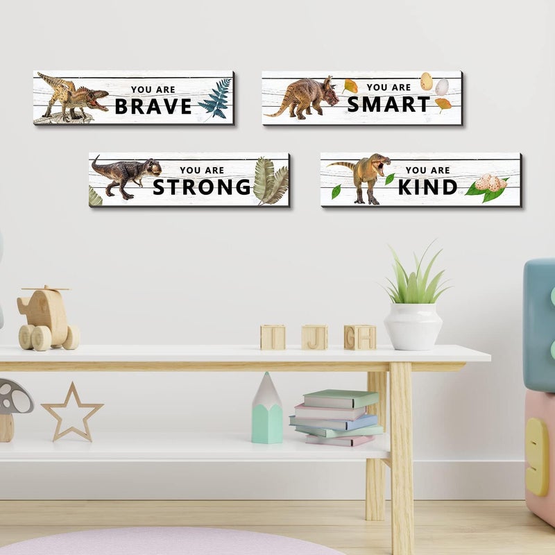 UBLURO 4 Pieces Dinosaur Motivational Wall Art Decors  Dinosaur Wooden Hanging Wall Prints Plaques Dinosaur Room Decor for for Kids Boys Nursery Bedroom Decorations - Image 4