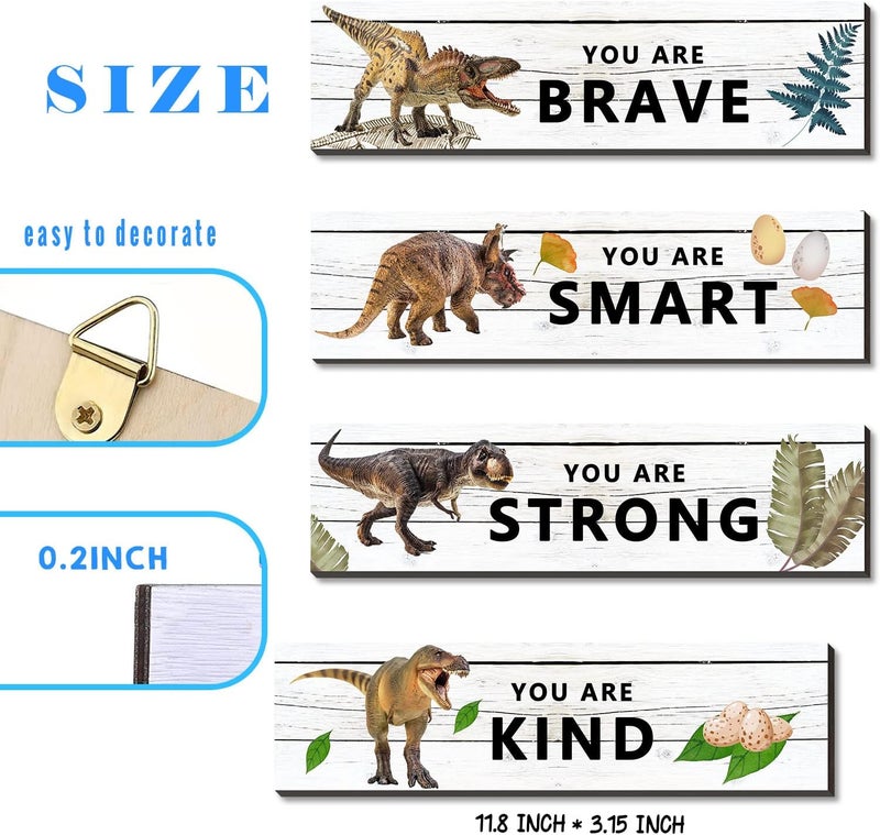 UBLURO 4 Pieces Dinosaur Motivational Wall Art Decors  Dinosaur Wooden Hanging Wall Prints Plaques Dinosaur Room Decor for for Kids Boys Nursery Bedroom Decorations - Image 2