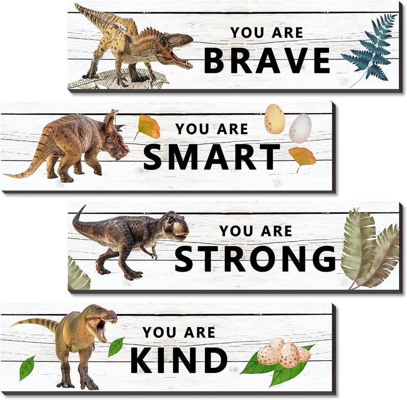 UBLURO 4 Pieces Dinosaur Motivational Wall Art Decors  Dinosaur Wooden Hanging Wall Prints Plaques Dinosaur Room Decor for for Kids Boys Nursery Bedroom Decorations - Image 1
