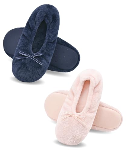 DICUIRD Ballerina House Slippers for Women, Anti-Skid Comfy Warm Ballet Style Slippers(Navy&Pink,8-10) - Image 1