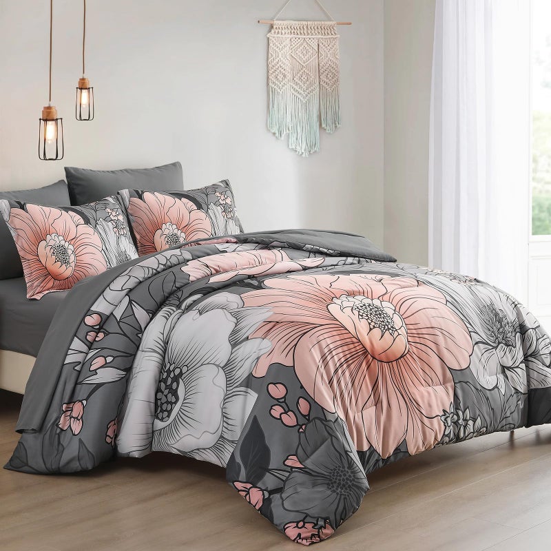 Xruibed King Comforter Set 7 Pieces Grey Floral Comforter Set King Size Bed in a Bag Flower Bedding Sets Lightweight Boho Bed Set with Sheet,Pillowcases&Shams for All Season - Image 2