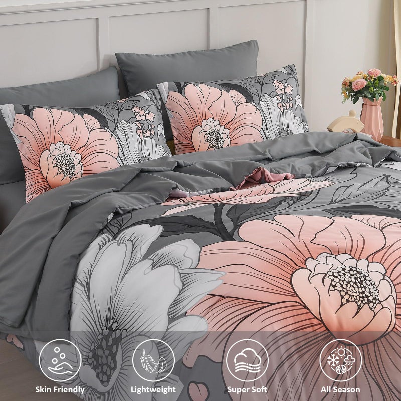 Xruibed King Comforter Set 7 Pieces Grey Floral Comforter Set King Size Bed in a Bag Flower Bedding Sets Lightweight Boho Bed Set with Sheet,Pillowcases&Shams for All Season - Image 3