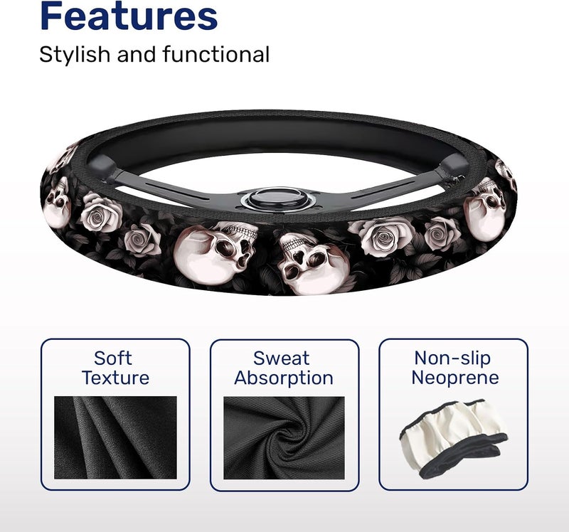 GENANY Rose Skull Steering Wheel Cover, Non Slip Polyester Car Wheel Protector for Car SUV Truck, Universal 15 Inch - Image 4