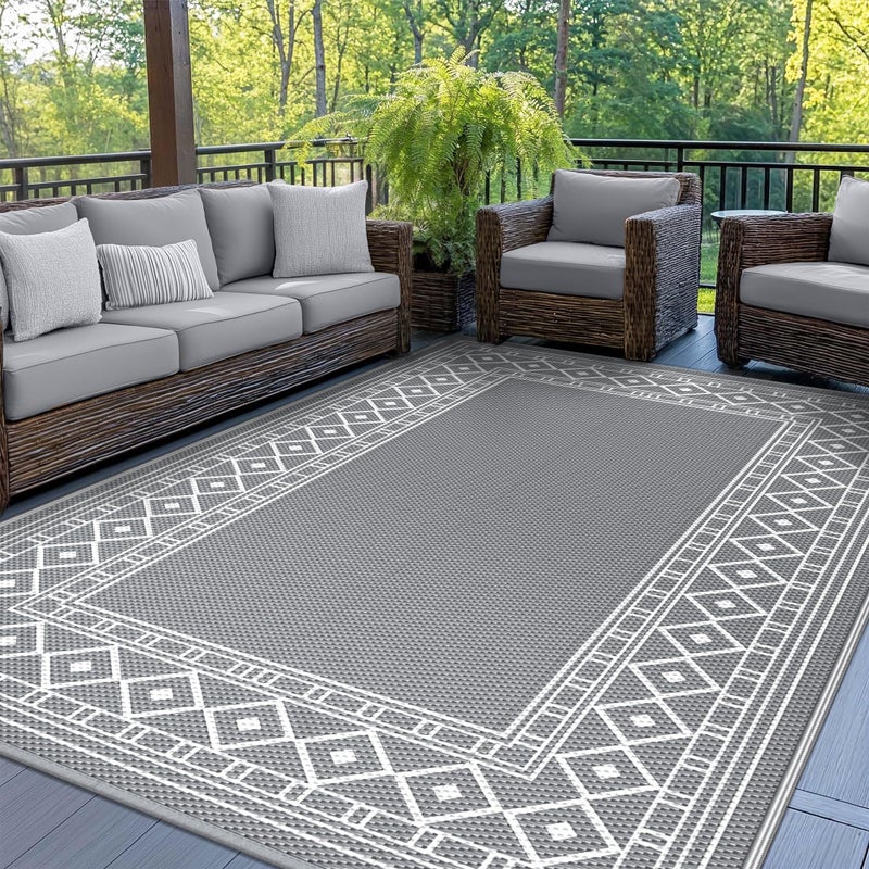 GENIMO Outdoor Rug Waterproof for Patio Decor 8x10 Reversible Outdoor Plastic Straw Rug Carpet Camping Mats for Outdoor Decor RV Backyard Deck Balcony Picnic Grey White