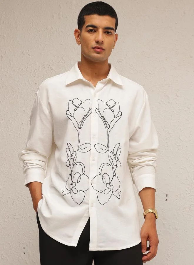 ساسافراس Men Linen Flower Embroidery Relaxed Fit Shirt