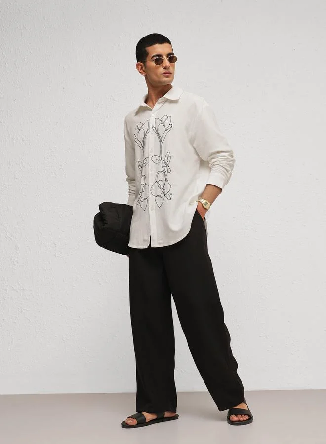 ساسافراس Men Linen Flower Embroidery Relaxed Fit Shirt