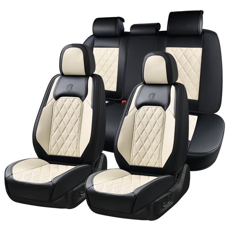 Coverado Car Seat Covers Full Set, Faux Leather Seat Covers for Car, Waterproof Car Seat Protectors 5 Seats, Automotive Seat Covers Universal Fit for Most Cars SUV Trucks- Black&White - Image 1