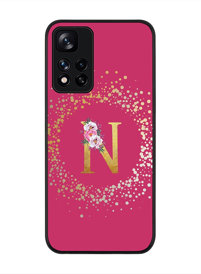 Stylizedd Rugged Black Edge Case for Redmi Note 11 Pro Plus 5G, Slim fit Thin Cover Custom Monogram Initial Letter Floral Pattern Alphabet - N(Dark Pink Rose) - Image 1