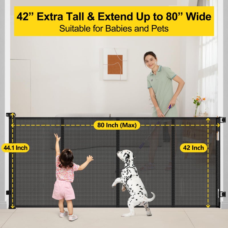 Bingguz Reinforced 42â€ Extra Tall x 80â€ Wide Retractable Baby Gates with Rods to Prevent Crawling Through, Extra Tall Pet Gate for Large Openings Indoor Long Mesh Dog Gate for Stairs and Doorways, Black - Image 4
