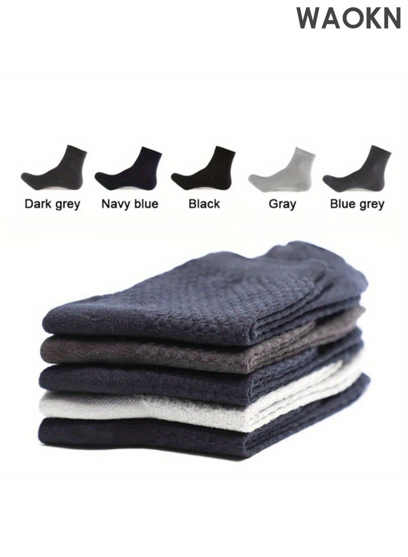 WAOKN Five pairs of socks, bamboo fiber material checkered pattern socks, solid color mid tube socks, sweat absorbing and quick drying socks that are not easily smelly and non slip, soft and comfortable socks, suitable for business, leisure, and sports occasions. - Image 2