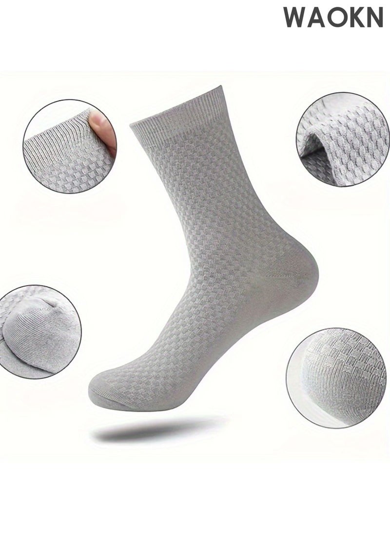 WAOKN Five pairs of socks, bamboo fiber material checkered pattern socks, solid color mid tube socks, sweat absorbing and quick drying socks that are not easily smelly and non slip, soft and comfortable socks, suitable for business, leisure, and sports occasions. - Image 3