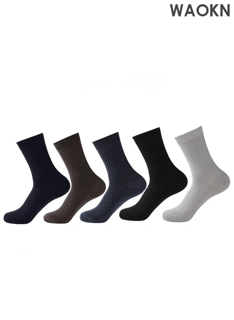 WAOKN Five pairs of socks, bamboo fiber material checkered pattern socks, solid color mid tube socks, sweat absorbing and quick drying socks that are not easily smelly and non slip, soft and comfortable socks, suitable for business, leisure, and sports occasions. - Image 1