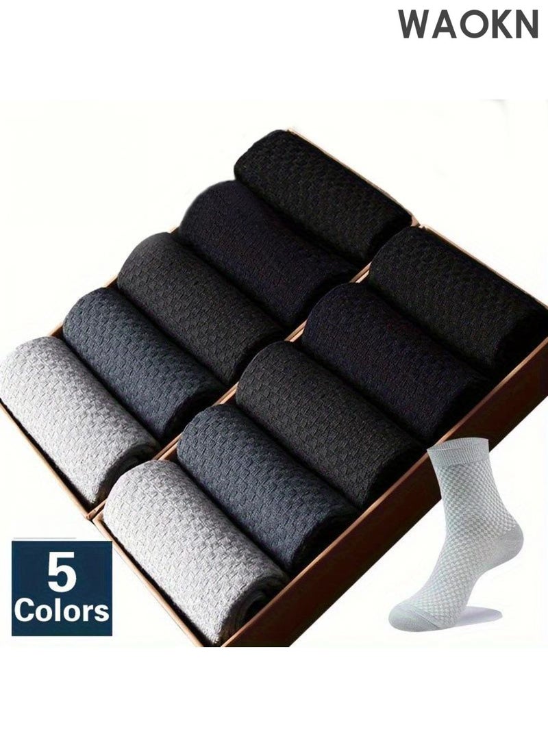 WAOKN Five pairs of socks, bamboo fiber material checkered pattern socks, solid color mid tube socks, sweat absorbing and quick drying socks that are not easily smelly and non slip, soft and comfortable socks, suitable for business, leisure, and sports occasions. - Image 4