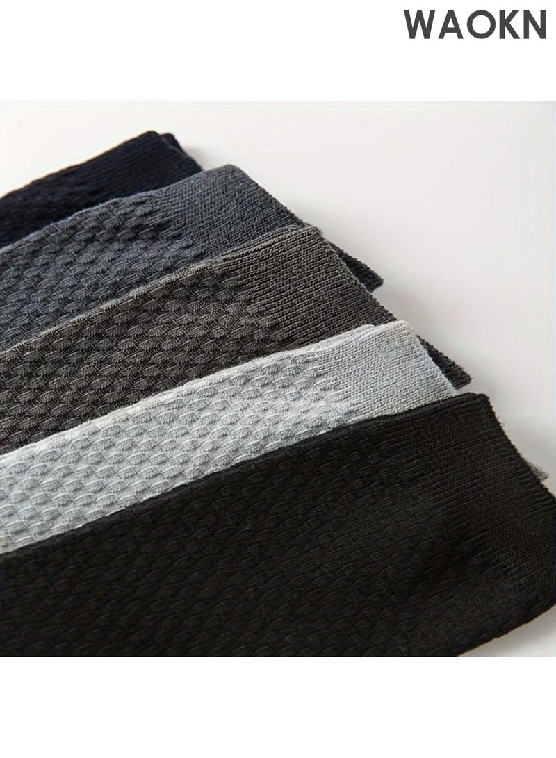 WAOKN Five pairs of socks, bamboo fiber material checkered pattern socks, solid color mid tube socks, sweat absorbing and quick drying socks that are not easily smelly and non slip, soft and comfortable socks, suitable for business, leisure, and sports occasions. - Image 5
