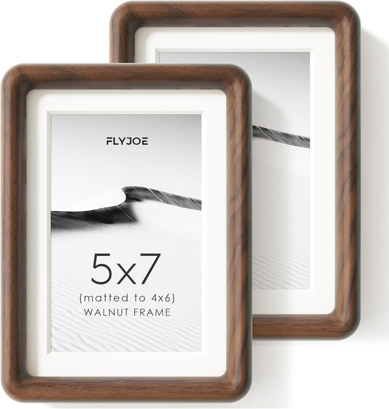 FLYJOE 5x7 Picture Frame Set of 2, Natural Solid Walnut Wood Photo Frame with Tempered Glass, Handcrafted Rounded Corner 5 x 7 Wooden Frame Matted to 4x6 Photo, Wall or Tabletop Display - Image 1
