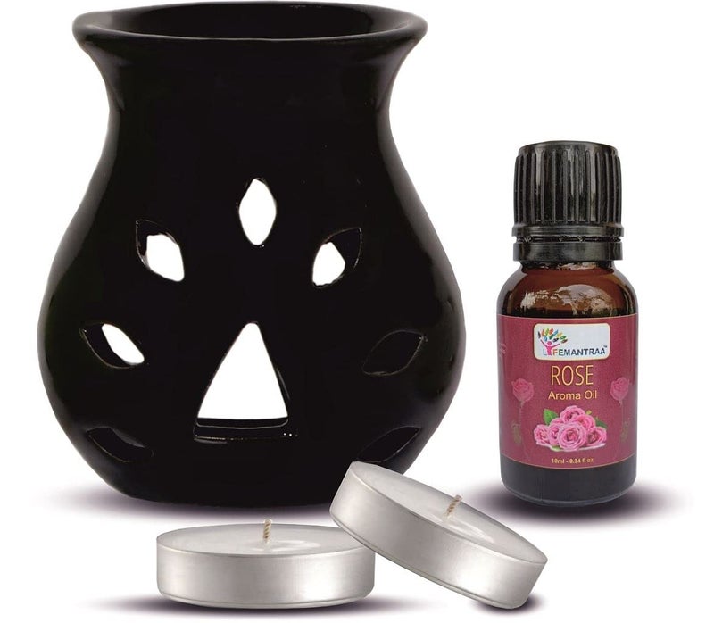 Lifemantraa Lifemantraa Ceramic Aroma Diffuser for Home Fragrance Burner with Rose Aroma Oil 10ml and Two Tea Light Candle for Room Freshener Black 9CM - Image 1