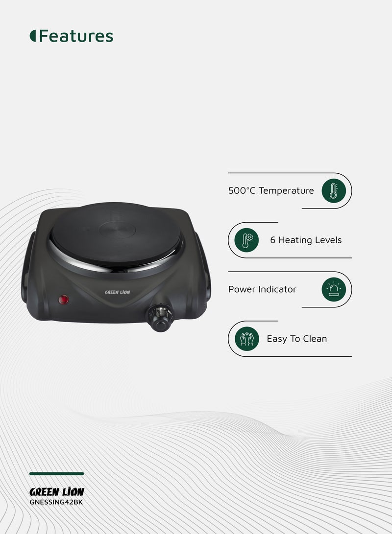 جرين ليون موقد كهربائي ذو صفيحة تسخين واحدة و6 مستويات طاقة قابلة للتعديل بقوة 1500 وات / الحد الأقصى للمستوى 450-500 درجة مئوية / تسخين صفيحة حديدية / التحكم في درجة الحرارة / قاعدة مضادة للانزلاق - أسود - Image 2