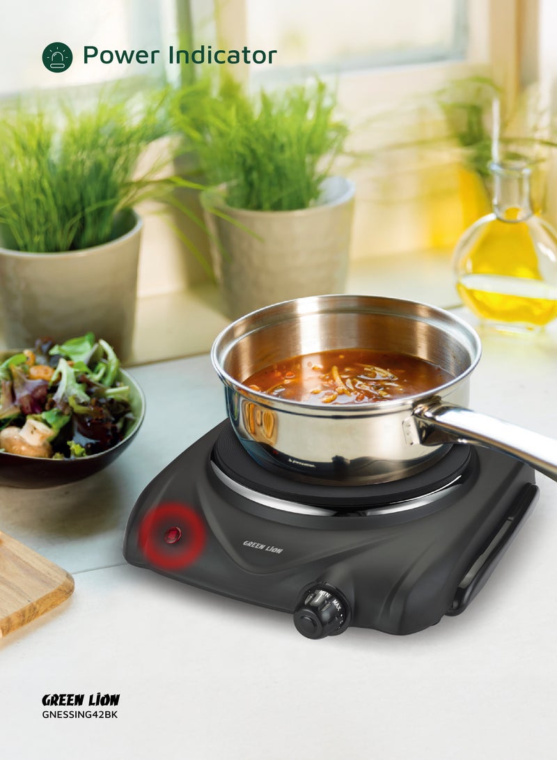 جرين ليون موقد كهربائي ذو صفيحة تسخين واحدة و6 مستويات طاقة قابلة للتعديل بقوة 1500 وات / الحد الأقصى للمستوى 450-500 درجة مئوية / تسخين صفيحة حديدية / التحكم في درجة الحرارة / قاعدة مضادة للانزلاق - أسود - Image 5